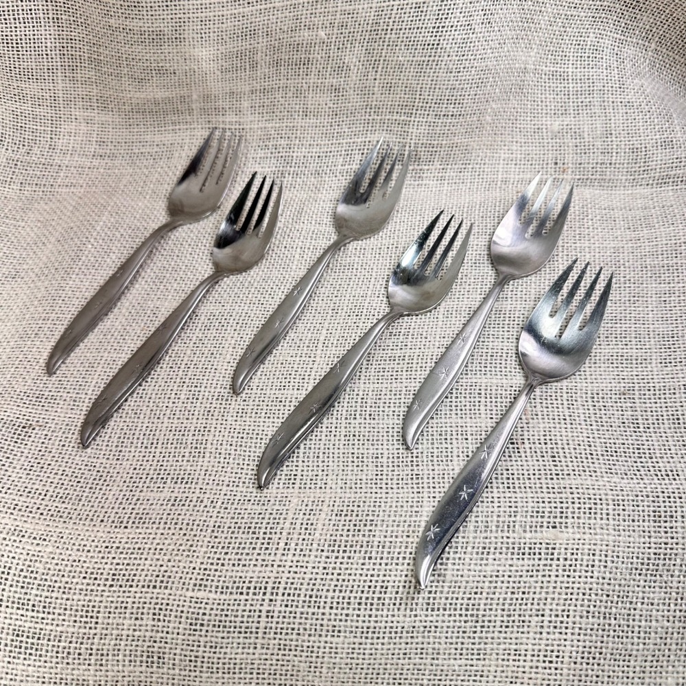 6 Vintage Nasco Starette Salad Forks 6.25" Atomic Starburst Japan MCM Stainless